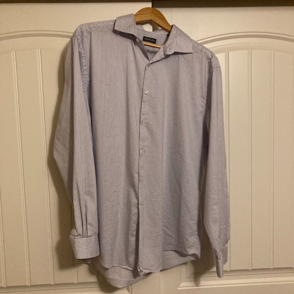 Van Heusen Blue and White Stripe Button Down Shirt XL 17 1/2 34/35 Long Sleeve